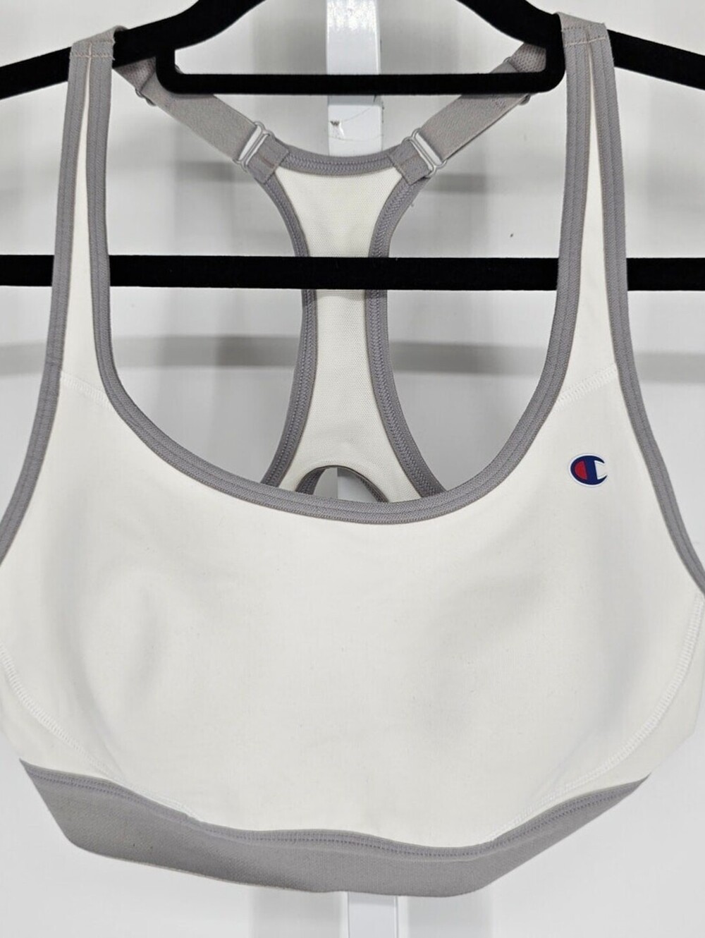 Champion Womens Sz M Racerback Sports Bra Medium Impact White Gray Trim